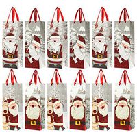 12-Pack Christmas Gift Wine Bags - Santa Claus-Themed Paper Bags with Satin Handles for Shopping, Alcohol Christmas Gifts, 4 Assorted Designs - 4 x 5 x 13.5 Inches