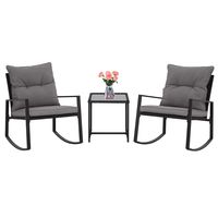 SUNCROWN Outdoor 3-Piece Rocking Bistro Set: Black Wicker Furniture-Two Chairs with Glass Coffee Table (Grey Cushion)