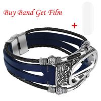 Xiaomi Band 4 Replacement Strap Mi 4 Smart Watch Wristbands Replacement Stainless Steel+Genuine Leather Length 240mm for Xiaomi Mi Band 4 Bracelet with Film (Blue)