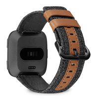 Jobese Compatible with Fitbit Versa/Versa 2/Versa Lite/SE, Classic Canvas Fabric Straps with Genuine Leather Replacement Accessories Wristbands with Silver Black Buckle, Men Women