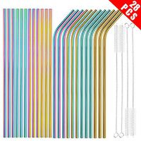[24 PCS] Value Pack Reusable Stainless Steel Straws in Bulk Extra Long 10.4 inch Colorful,Tomorotec Metal Straw Sets with Cleaning Brushes,12 Straight 12 Bent For Tumblers Beverage Drink Cocktail