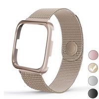 REYUIK Compatible with Versa Bands with Frame,Stainless Steel Mesh Breathable Metal Wristband with Protective Case Bumper Accessories for Women Men (Retro Gold, Small 5.3"- 7.8")