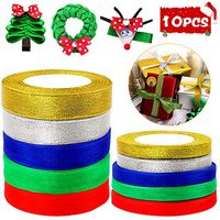 Isbasa 10 Rolls 400 Yards Christmas Satin Ribbon Roll, Sheer Organza Metallic Glitter Ribbon, 5 Colors Ribbon for Christmas Gift Wrapping(20mm and 10mm)