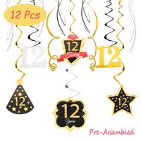 12 Birthday Decoration Happy 12th Birthday Party Silver Black Gold Foil Hanging Swirl Streamers I'm Twelve Years Old Today Birthday Hat Gold Star Ornament Party Present Supplies