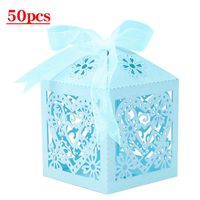 Lucky Monet 25/50/100PCS Love Heart Laser Cut Wedding Candy Gift Box Chocolate Box for Wedding Favor Birthday Party Bridal Shower with Ribbon (50pcs, Baby Blue)