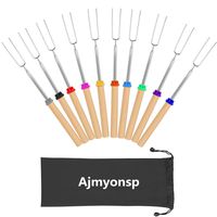 Ajmyonsp Marshmallow Roasting Sticks Smores Skewers Wooden Handle 32Inch Extendable BBQ Forks 10Pcs Telescoping Hotdog S'Mores Kit for Campfire Fire Pit