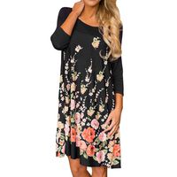 Goddessvan Womens Casual Long Sleeve Print Pocket Dress Loose O Neck Dress (Black, M)