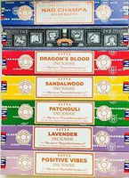Satya Incense Gift Set Nag Champa, Super hit, Dragon's Blood, Sandalwood, Patchouli, Lavender, Positive Vibes, 15 g