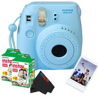 Fujifilm Instax Mini 8 Instant Film Camera (Blue) + (2) Fujifilm INSTAX Mini Instant Film (Twin Pack) + PixiBytes Exclusive Cleaning Cloth