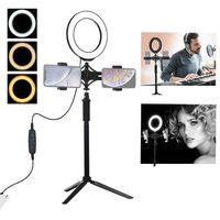 Fullyday 6 Inch LED Ring Light Stand 16-22In, Double Cell Phone Holder & Cradle Head 3 Modes Selfie Light, Portable Tripod Stand for Live Stream & Makeup