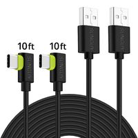 USB C Cable 90 Degree, SUNGUY【2Pack, 10ft x2】Right Angle 3A Type C to USB A Quick Charging & Data Sync Cord for Android Phone Samsung Galaxy A6s A8 A9, Moto X4 G6 G7 Plus, LG V20 G7 G8 ThinQ (Black)