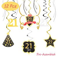 21 Birthday Decoration Happy 21st Birthday Party Silver Black Gold Foil Hanging Swirl Streamers I'm Twenty-one Years Old Today Birthday Hat Gold Star Ornament Party Present Supplies