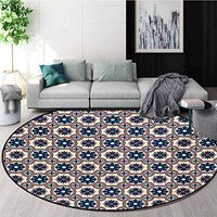 RUGSMAT Floral Art Deco Pattern Non-Slip Backing Round Area Rug,Ornate Silhouettes Pattern with Circle Abstract Vintage Design Inspiration Study Super Soft Carpet,Round-51 Inch Ruby Beige Navy Blue
