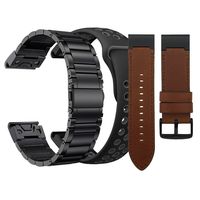 LDFAS Fenix 6/5 Band, Silicone+ Leather+ Stainless Steel Metal 22mm Quick Fit Watch Strap Compatible for Garmin Instinct/Fenix 5 Plus 6 Pro/Forerunner 945 Smartwatch,Black/Gray+Black+Brown (3 Pack)