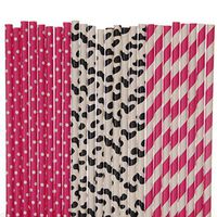 Cowgirl Paper Straw Mix - Hot Pink Polka Dots, Cow Print - Hot Pink Striped (100)