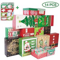 14 Decorative Christmas Gift Boxes with Lids and 80-Count Foil Christmas Gift Tag Stickers (Assorted Size,6 Rectangle,4 Square, 4 Small Square)