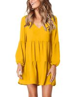 Amoretu Women Long Sleeve Tunic Dress V Neck Swing Shift Dresses(Yellow,X-Large)
