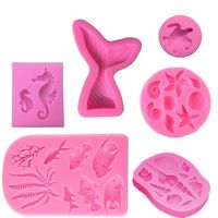 Marine Theme Fondant Silicone Mold（6 PACK）,Seashell,Mermaid Tail,Seaweed,Coral,Seahorse,Sea Turtle,Fish DIY Handmade Baking Tools for Mermaid Theme Party Cake Decoration