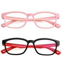 Kids Blue Light Blocking Glasses Silicone Flexible Square Eyeglasses Frame with Glasses Rope, for Children Age 3-12 (Pink, Black/Red)