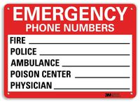 "Emergency Phone Numbers: Fire, Police, Ambulance, Poison Center, Physician __" Sign by SmartSign | 14" x 10" 3M Reflective Aluminum