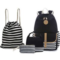 BAGTOP School Backpack Set - Canvas Teen Girls Bookbags 15" Laptop Backpack + Lunch Bags + Drawstring Backpack + Pen Case Bags Set (Black)
