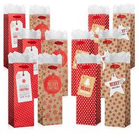 Holiday Wine Bottle Gift Bags with Tissue Paper - 12 Pack Bulk Variety Set - Includes 4 Cute Red and Gold Designs with Printed Gift Tags - Bottle Totes for Christmas Presents - by Haute Soiree