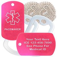 Custom 2 Pack - Pacemaker Medical Alert ID Necklaces with Pink Hot Custom Tags, White Silencers, and 30'' USA Chains