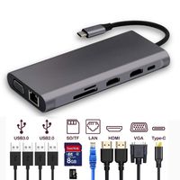 USB C Hud, 11 in 1 Space Grey USB-C Laptop Docking Station, Triple Display Type C for MacBook & Windowns, 2 HDMI, VGA,4 USB Ports,SD TF Card Reader Gigabit Ethernet for MacBook, Other USBC Laptop