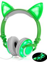 Headphone Cat Ear Headset,LED Light with USB Chargeable Foldable Earphones for Kids Teens Adults, Compatible for Ipad,Tablet,Computer,Mobile Phone LX-R107 (Green)
