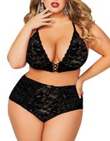 Plus Size Lingerie Set for Women, Sexy Crushed Velvet Mesh Lace Up Halter Bralette & High Waist Panty (Black,L,325a)