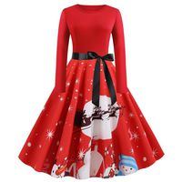 iNoDoZ Womens Vintage Christmas Printed Dress Ladies Elegant Long Sleeves Party Dress Xmas Dress Red