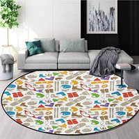 RUGSMAT Sport Modern Machine Round Bath Mat,Skates Gloves Winter Season Activities Equipment Silhouettes Entertaintment Snowboard Non-Slip No-Shedding Kitchen Soft Floor Mat,Round-71 Inch