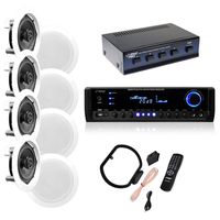 4 Pairs of 150W 5.25" In-Wall / In-Ceiling Stereo White Speakers w/ 300W Digital Home Stereo Receiver w/ USB/SD/AUX Input, Remote & 4 Channel High Power Stereo Speaker Selector