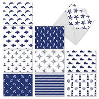 10 Nautical Ocean Note Cards with Envelopes 4 x 5.12 inch, Blank 'Oceano-Graphix' Greeting Cards for All Occasions, Assorted Stationery Set for Weddings, Baby Showers, Birthdays - NobleWorks M3077