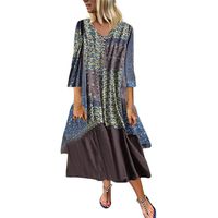 Loose Dress,Women Retro Floral Print Long Dress Vintage O-Neck Patchwork Long Short Maxi Dress (4XL-US:20, Light Blue)