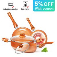 Cookware-Set Nonstick Pots and Pans-Set Copper Pan - KUTIME 6pcs Cookware Set Non-stick Frying Pan Ceramic Coating Stockpot, Cooking Pot, Copper Aluminum Pan with Lid, Gas Induction Compatible