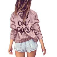 Womens Only Queen Letter Crown Print Satin Long Sleeve Zipper Coat (XL, Pink)