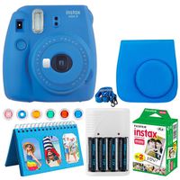 Fujifilm Instax Mini 9 Instant Camera (Cobalt Blue) + Fujifilm Instax Mini Twin Pack Instant Film (20 Exposures) + Camera Case + Scrapbooking Album + 4 AA Batteries & Charger + 6 Colored Lens Filters