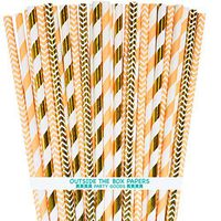 Coral Peach and Gold Foil and Paper Straws - Stripe Chevron - 7.75 Inches - Pack of 100
