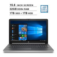 HP 2019 Newest 15.6 Inch HD Laptop (Intel Quad Core i7-8550U up to 4.0 GHz, 32GB RAM, 1TB SSD + 1TB HDD, Intel HD Graphics 620, WiFi, Bluetooth, DVD, HDMI, Windows 10 Home) (Silver)