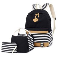 Girls Canvas School Backpack Set 3 in 1 with Lunch, Black-3pcs, Size 3pcs Sets