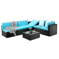 PAMAPIC 7 Pieces Patio Furniture,Outdoor Rattan Sectional Sofa Conversation Set with Tea Table and Washable Cushions, Blue