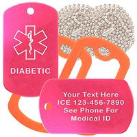 Custom 2 Pack - Diabetic Medical Alert ID Necklaces with Pink Hot Custom Tags, Orange Silencers, and 30'' USA Chains