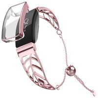 UooMoo Band and Case Compatible with Fitbit Inspire, Leaf Shape Stainless Steel Bracelet Women Replacement for Fitbit Inspire Smart Watch, Pink Gold