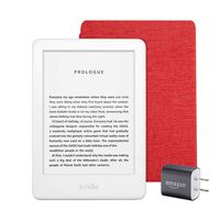 Kindle Essentials Bundle including All-new Kindle, now with a built-in front light, White - with Special Offers, Kindle Fabric Cover - Punch Red, and Power Adapter