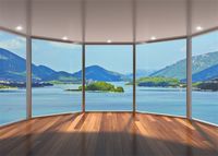 Leowefowa Vinyl 7X5FT Sea View Room Backdrop Ocean Mountain Island Green Plants French Sash Gloomy Wood Floor Blue Sky White Cloud Nature Travel Photography Background Kids Adults Photo Studio Props