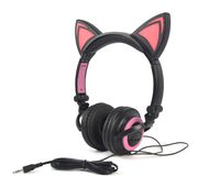 Headphone Cat Ear Headset, Foldable LED Light Cosplay Flash Earphone for Teens Girls Boys,Compatible for iPad,Tablet,Computer,iPhone,Android Mobile Phone (Black&Pink)