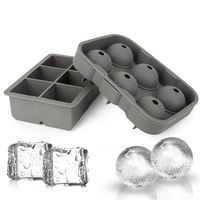 Ticent Ice Cube Trays & Sphere Ice Molds - Set of 2 - Silicone Ice Ball Maker with Lid & Large Square Molds for Whiskey, Cocktail & Brandy(Grey)