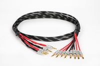 Elite Pure Copper Black Silver Braided Bi-Wire Speaker Cable 1 Pair, 2 to 4 Gold-Plated Banana Plugs, MADE IN USA. (30 Ft)