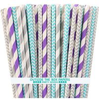 Outside the Box Papers Frozen Theme Chevron and Striped Paper Straws 7.75 Inches Pack of 100 Light Blue, Silver, Lilac